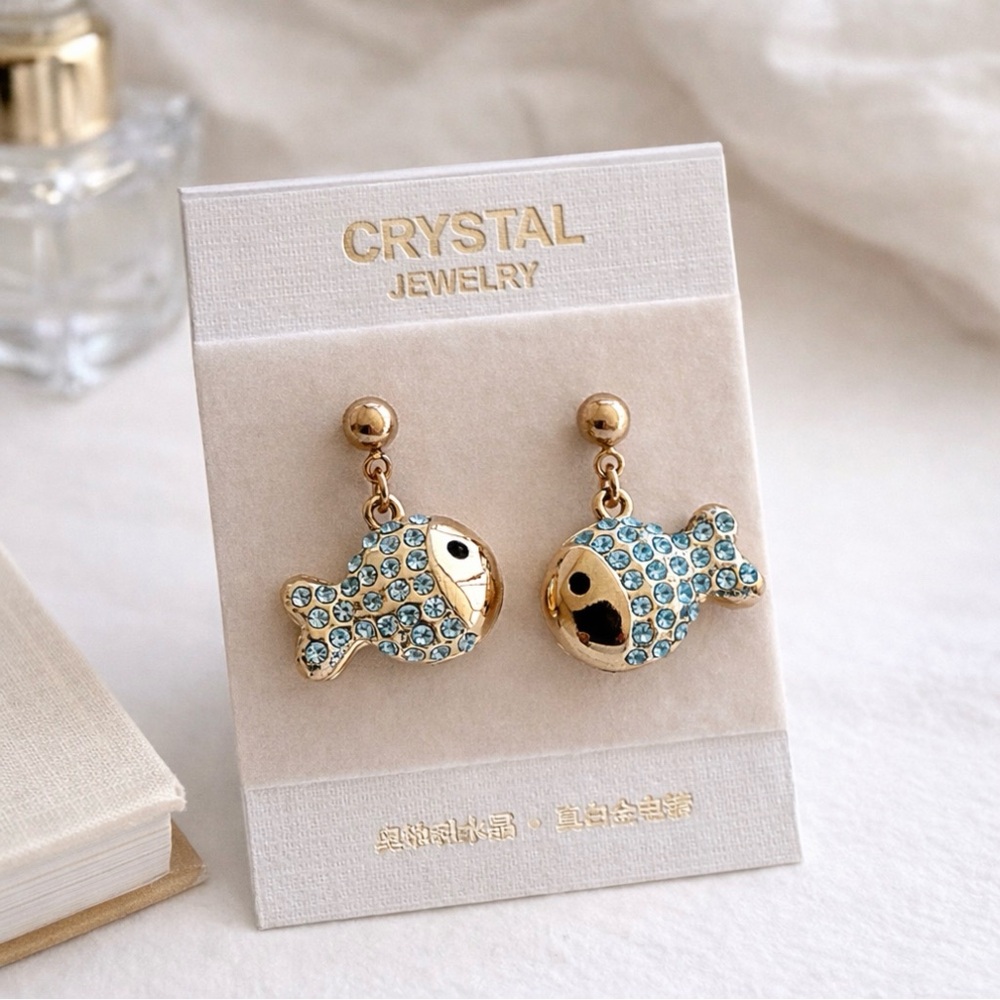 NEW Crystal Jewelry Blue Rhinestone Fish Drop Earrings Gold Tone Cute Statement